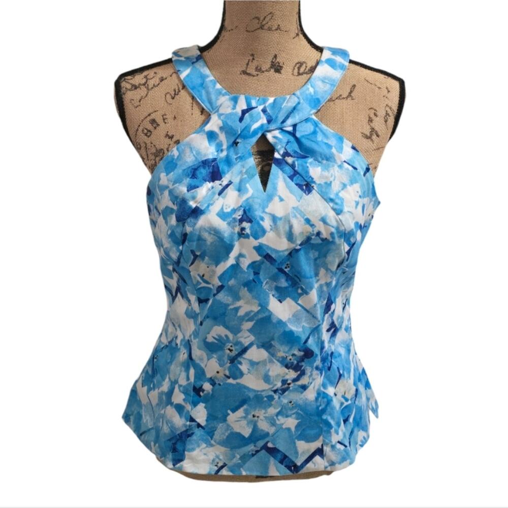 White house black market Watercolor Blue and White Blouse Size 8